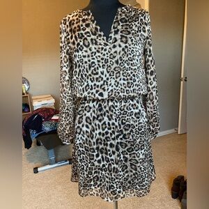 WHBM leopard print, long sleeve dress with built in cami slip, size petite 2